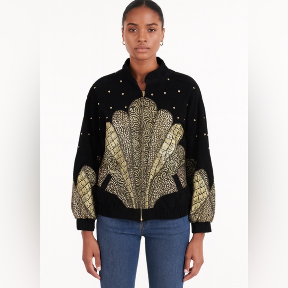 Julian K. Vintage Black & Gold Woman’s Leather Bomber Jacket M Art Deco Style - Picture 1 of 6